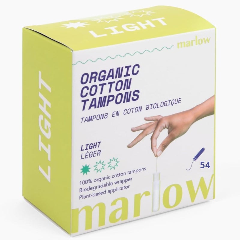 Marlow 100% Organic Cotton Easy Glide Tampons with Compact Plant Based BPA Free Applicator, Chlorine Free, Toxin Free, Hypoallergenic, Dermatologically Tested, Fragrance Free, Light, 54 Count - Image 1